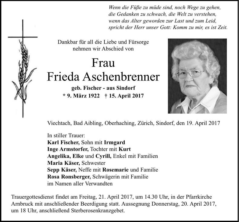 Traueranzeige Aschenbrenner Frieda