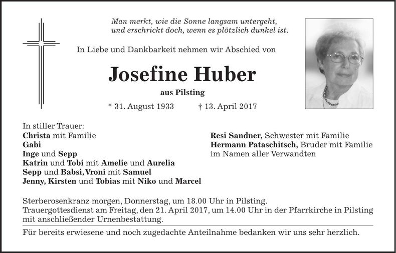 Traueranzeige Josefine Huber