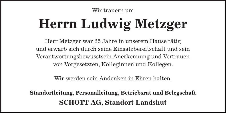 Traueranzeige Ludwig Metzger