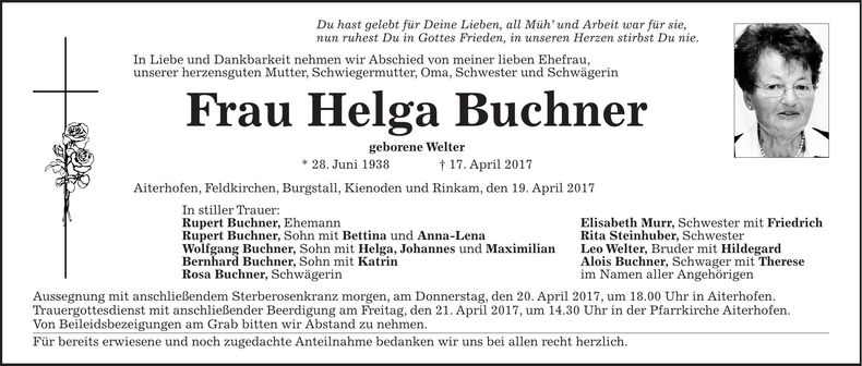 Traueranzeige Helga Buchner