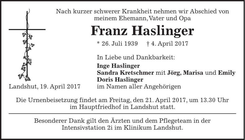 Traueranzeige Franz Haslinger