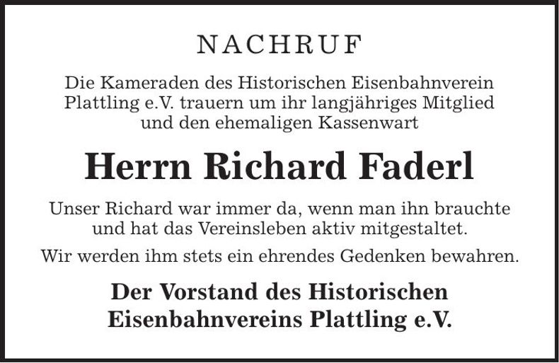 Traueranzeige Richard Faderl