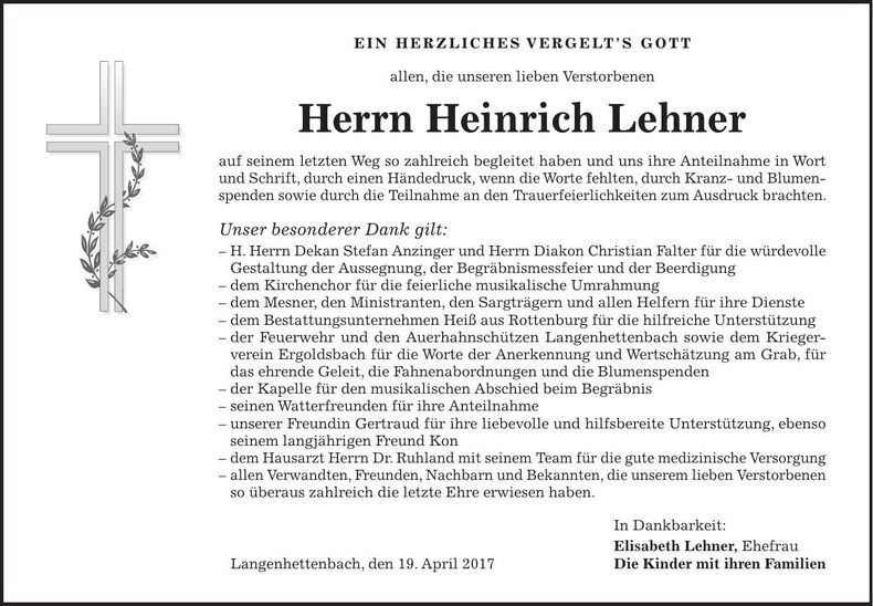 Traueranzeige Heinrich Lehner
