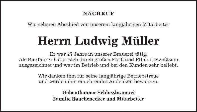Traueranzeige Ludwig Müller