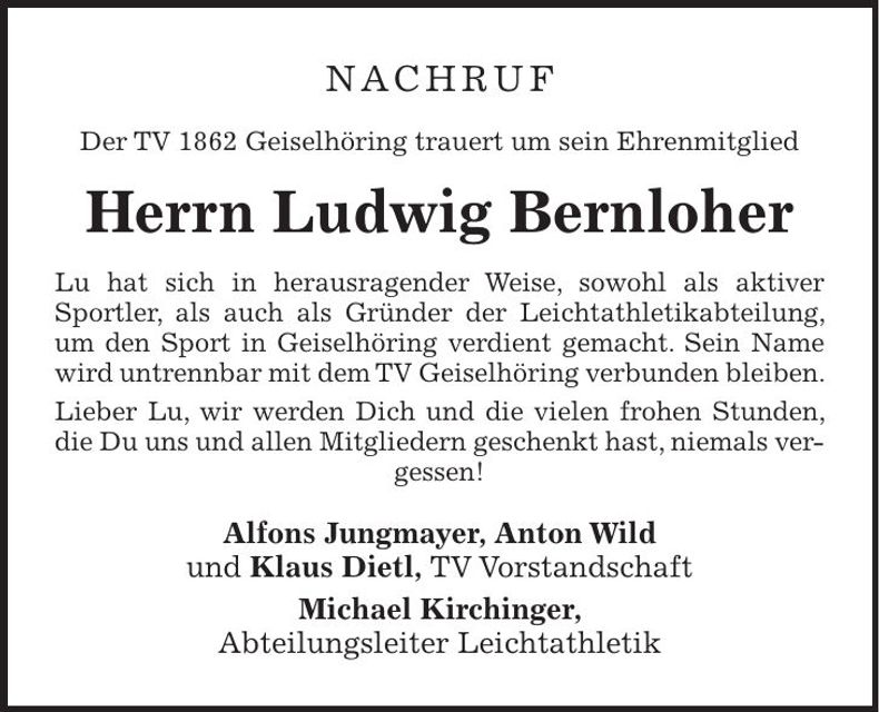 Traueranzeige Ludwig Bernloher
