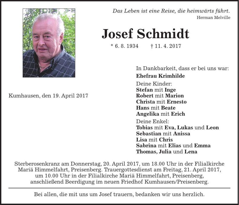 Traueranzeige Josef Schmidt