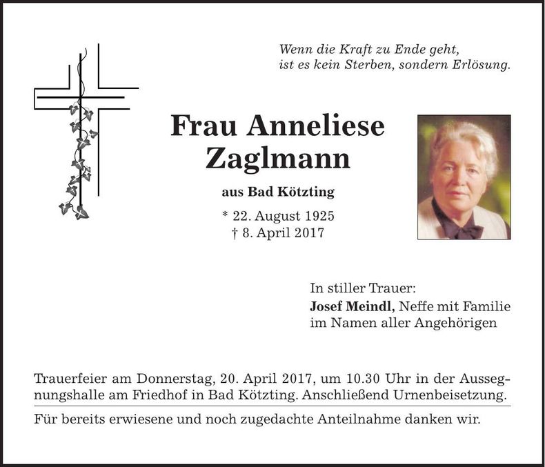 Traueranzeige Anneliese Zaglmann