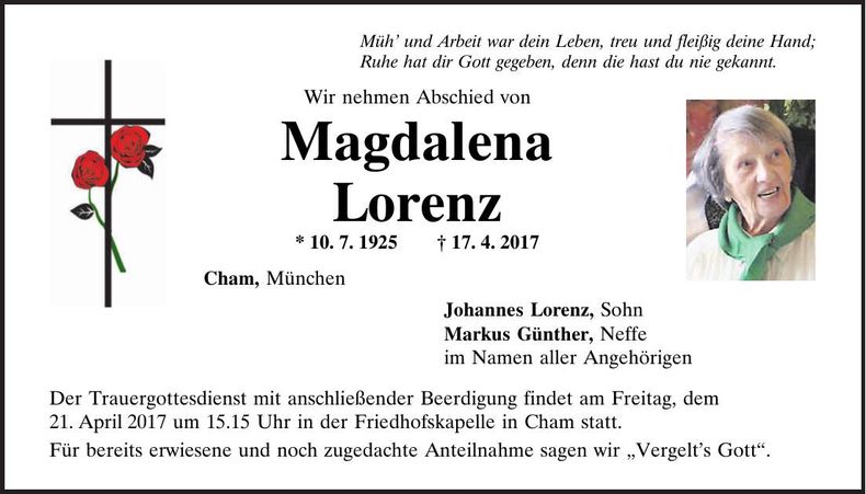 Traueranzeige Magdalena Lorenz