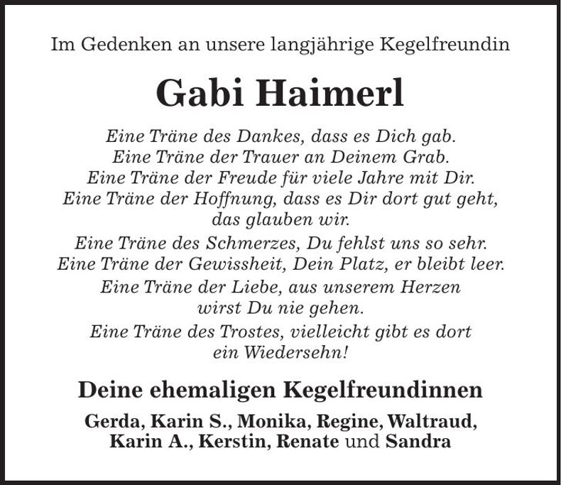 Traueranzeige Gabi Haimerl