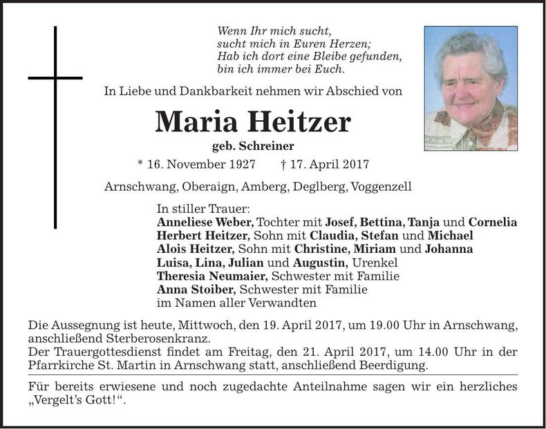 Traueranzeige Maria Heitzer