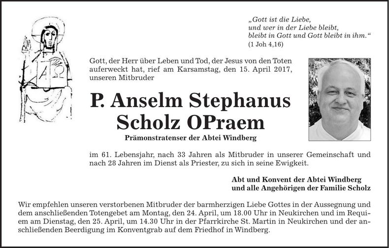 Traueranzeige Pater Anselm Stephanus Scholz OPraem
