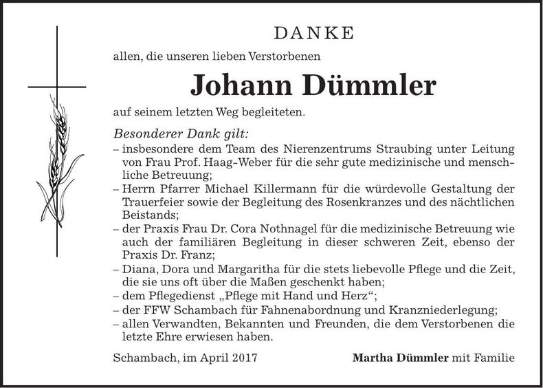 Traueranzeige Johann Dümmler