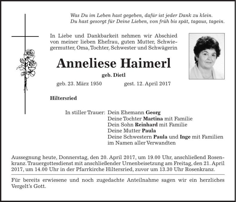Traueranzeige Anneliese Haimerl