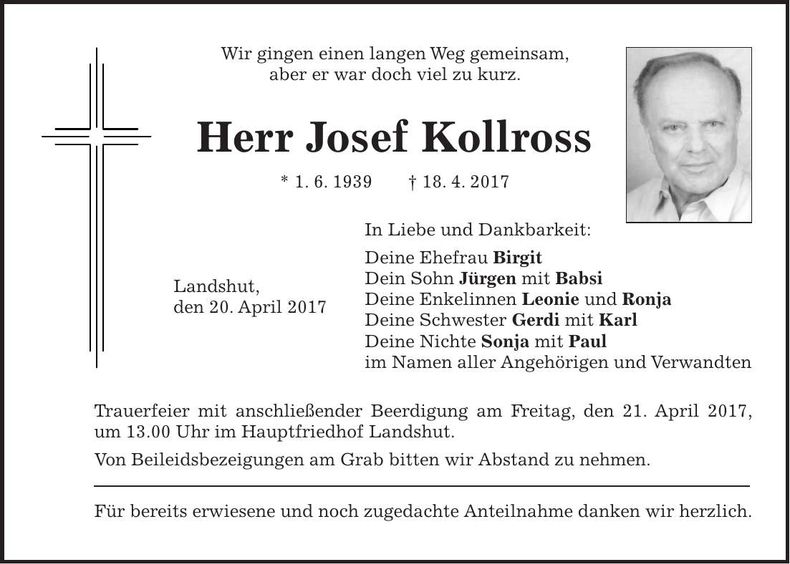 Traueranzeige Josef Kollross