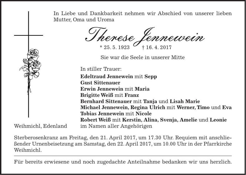 Traueranzeige Therese Jennewein
