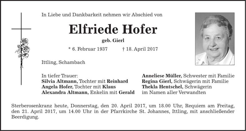 Traueranzeige Elfriede Hofer