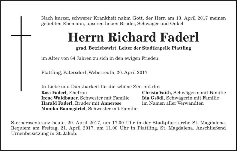 Traueranzeige Richard Faderl