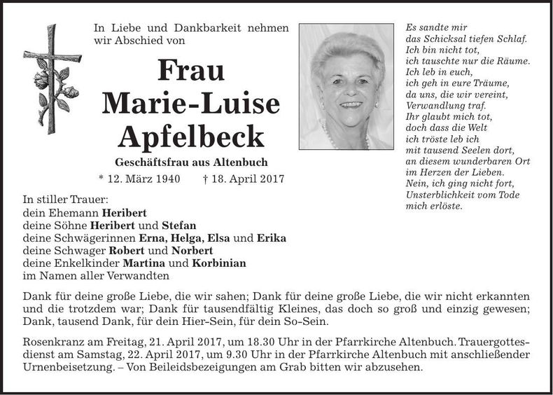Traueranzeige Marie-Luise Apfelbeck
