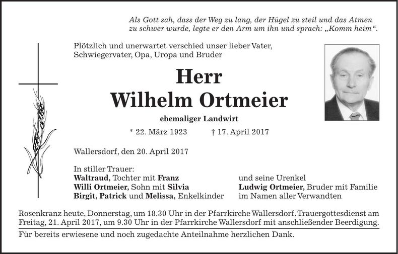 Traueranzeige Wilhelm Ortmeier