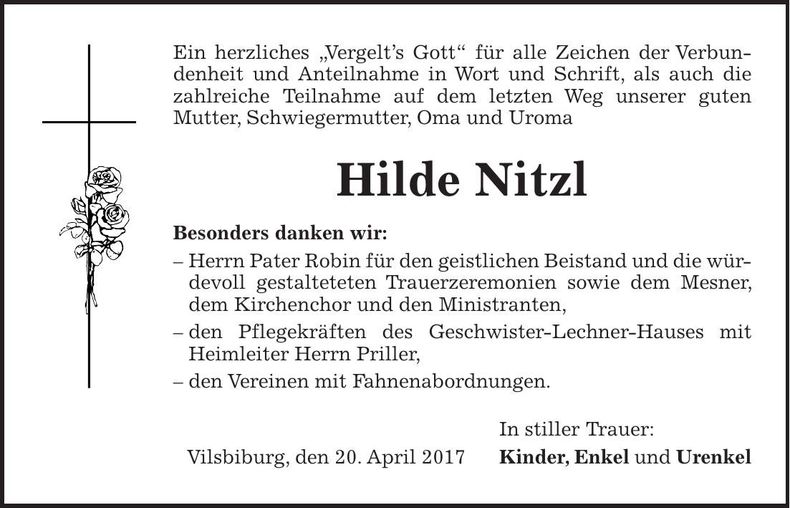 Traueranzeige Hilde Nitzl