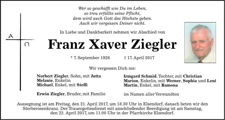 Traueranzeige Franz Xaver Ziegler