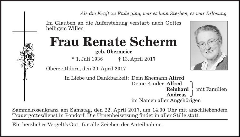 Traueranzeige Renate Scherm