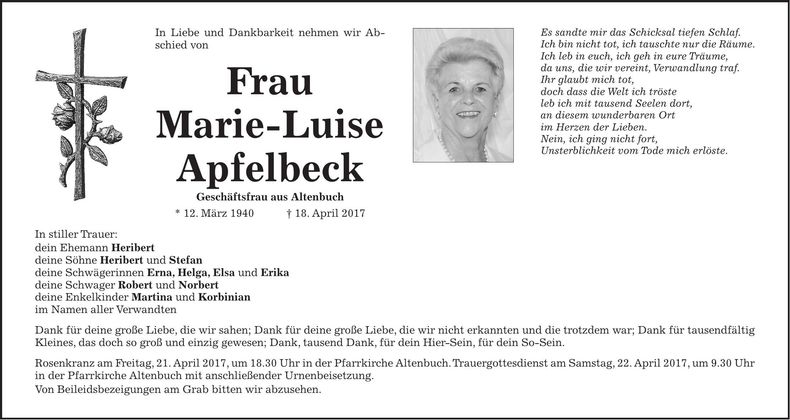 Traueranzeige Marie-Luise Apfelbeck