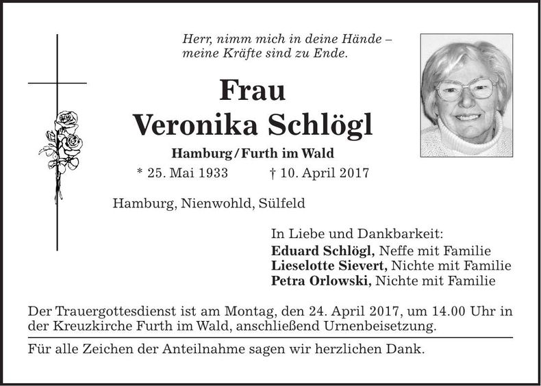 Traueranzeige Veronika Schlögl