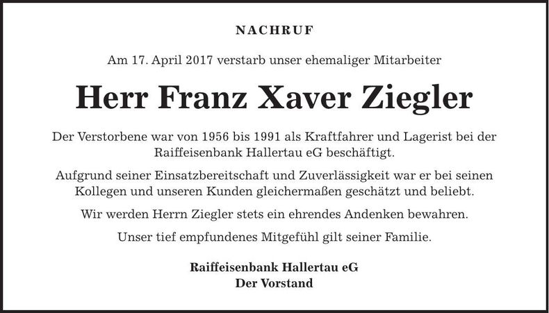 Traueranzeige Franz Xaver Ziegler