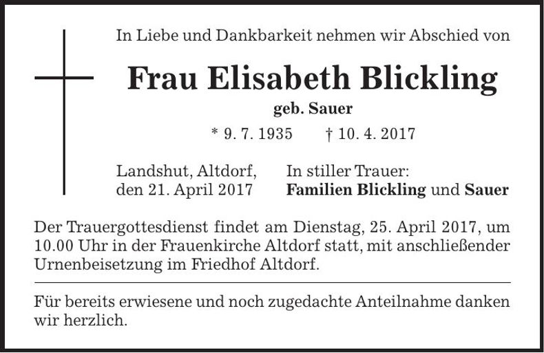Traueranzeige Elisabeth Blickling