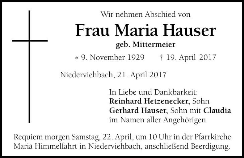 Traueranzeige Maria Hauser