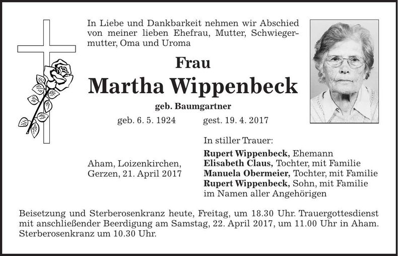 Traueranzeige Martha Wippenbeck