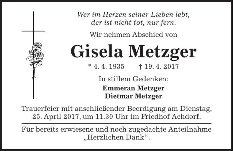 Traueranzeige Gisela Metzger