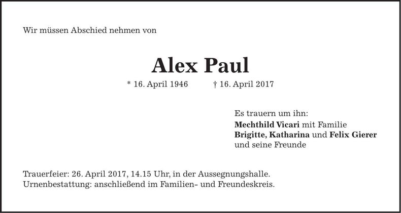 Traueranzeige Alex Paul
