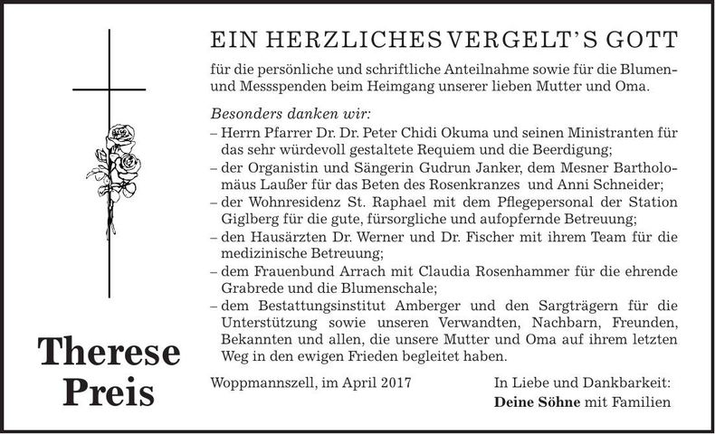 Traueranzeige Therese Preis