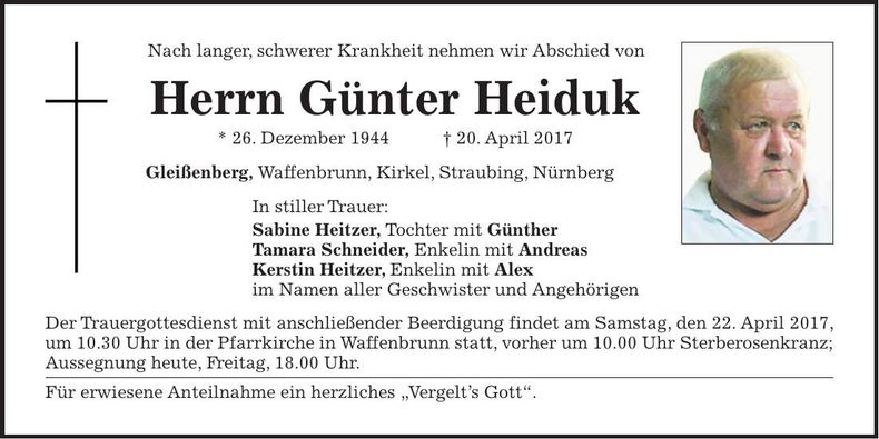 Traueranzeige Günter Heiduk