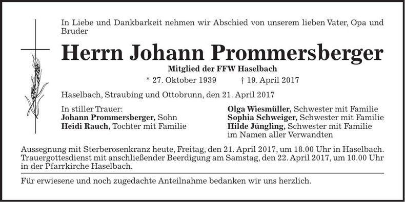 Traueranzeige Johann Prommersberger