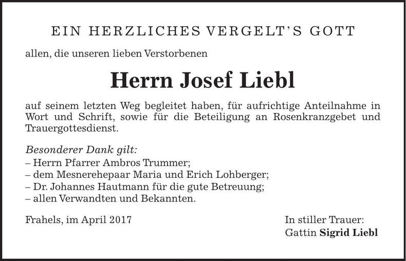 Traueranzeige Josef Liebl