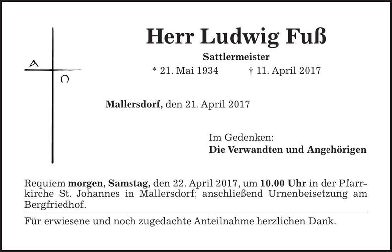Traueranzeige Ludwig Fuß