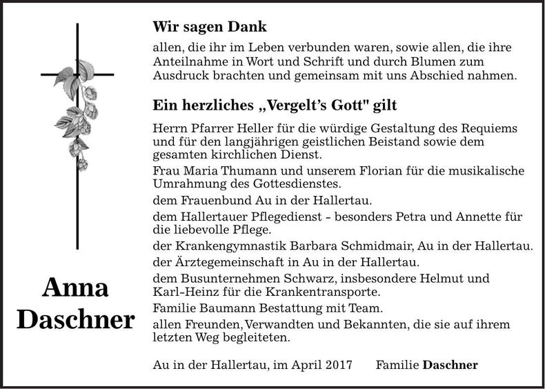 Traueranzeige Anna Daschner