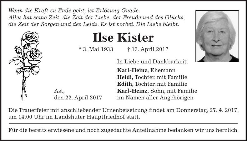 Traueranzeige Ilse Kister