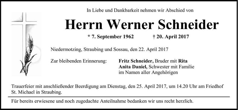 Traueranzeige Werner Schneider