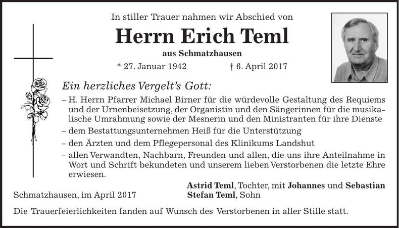 Traueranzeige Erich Teml