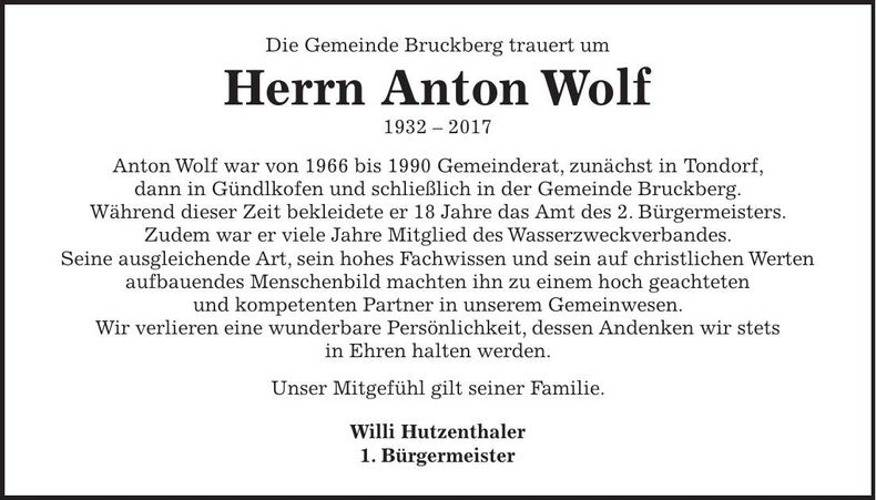 Traueranzeige Anton Wolf