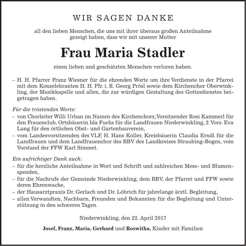 Traueranzeige Maria Stadler