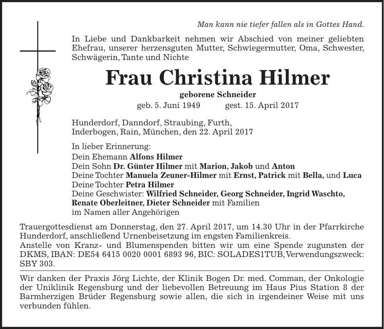 Traueranzeige Christina Hilmer