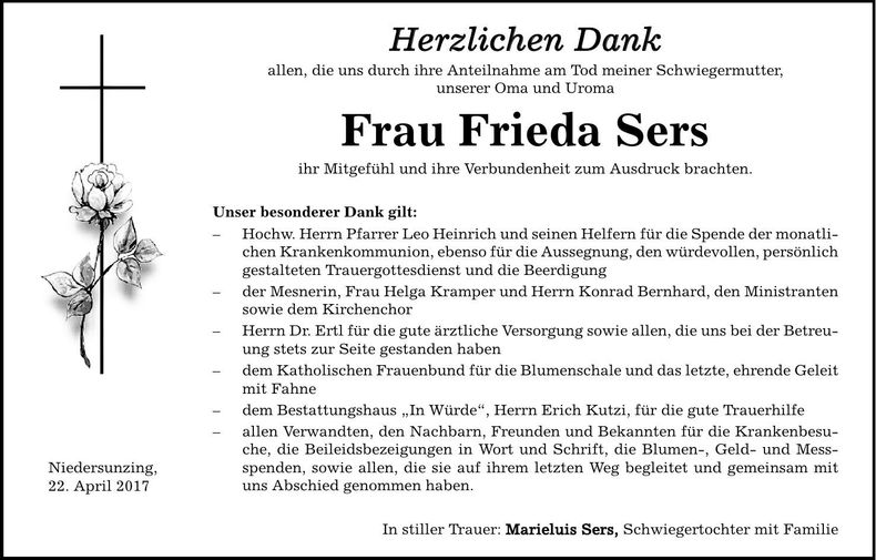 Traueranzeige Frieda Sers