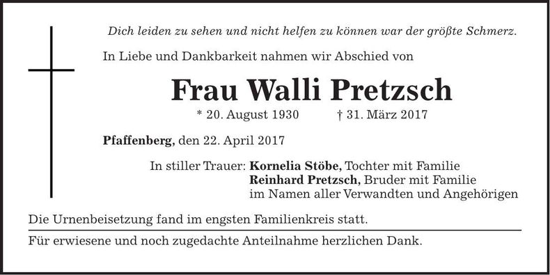 Traueranzeige Walli Pretzsch