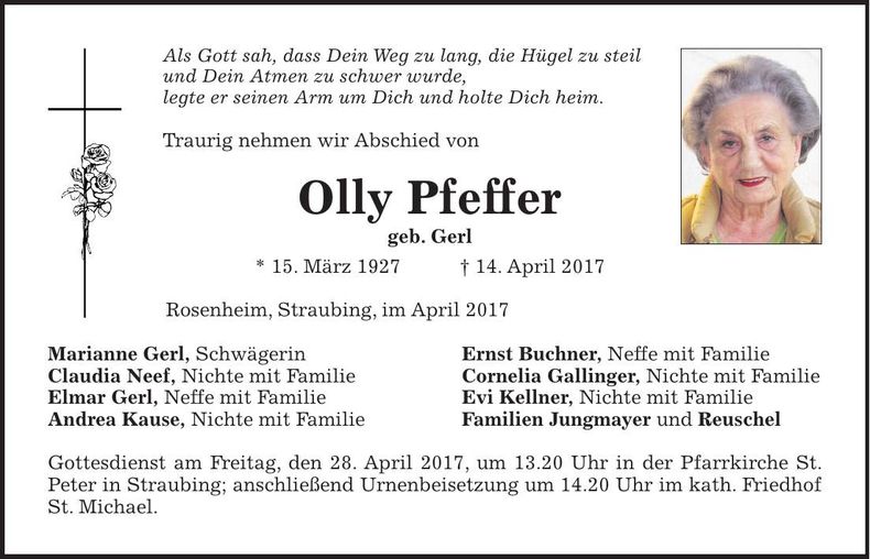 Traueranzeige Olly Pfeffer