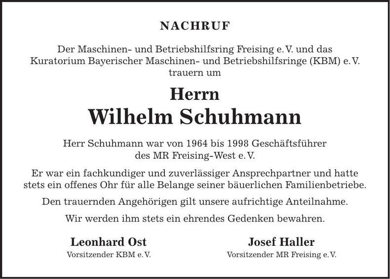 Traueranzeige Wilhelm Schuhmann